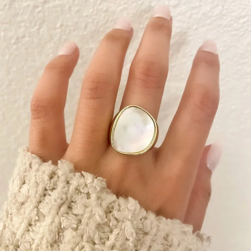 925 Sterling Silver Chunky Mother of Pearl Gold Statement Ring Thick Large Ring